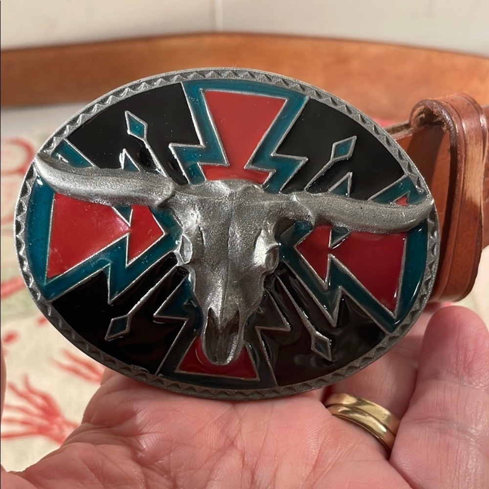 Vtg Longhorn Siskiyou L-89 USA Belt Buckle Etched Cognac Leather Belt - Picture 3 of 13